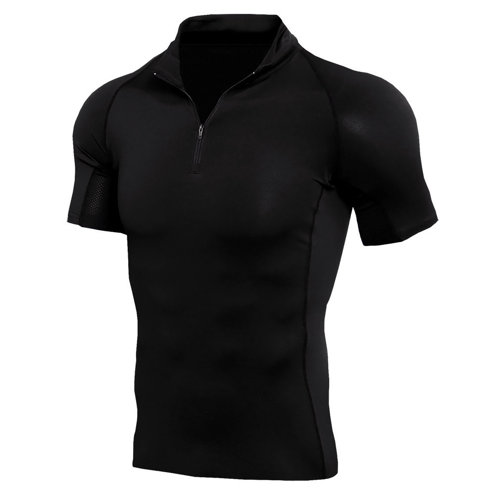 Swimwear source manufacturers high collar zipper tights short sleeve men's breathable fitness training basketball t-shirt fitness clothing