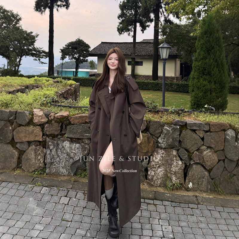 Windbreaker Coat for Women, Early Spring, Long Style, Tall, British Style, Elegant, Autumn New Style, Lapel, Waist-Cinching, Double-Breasted Coat