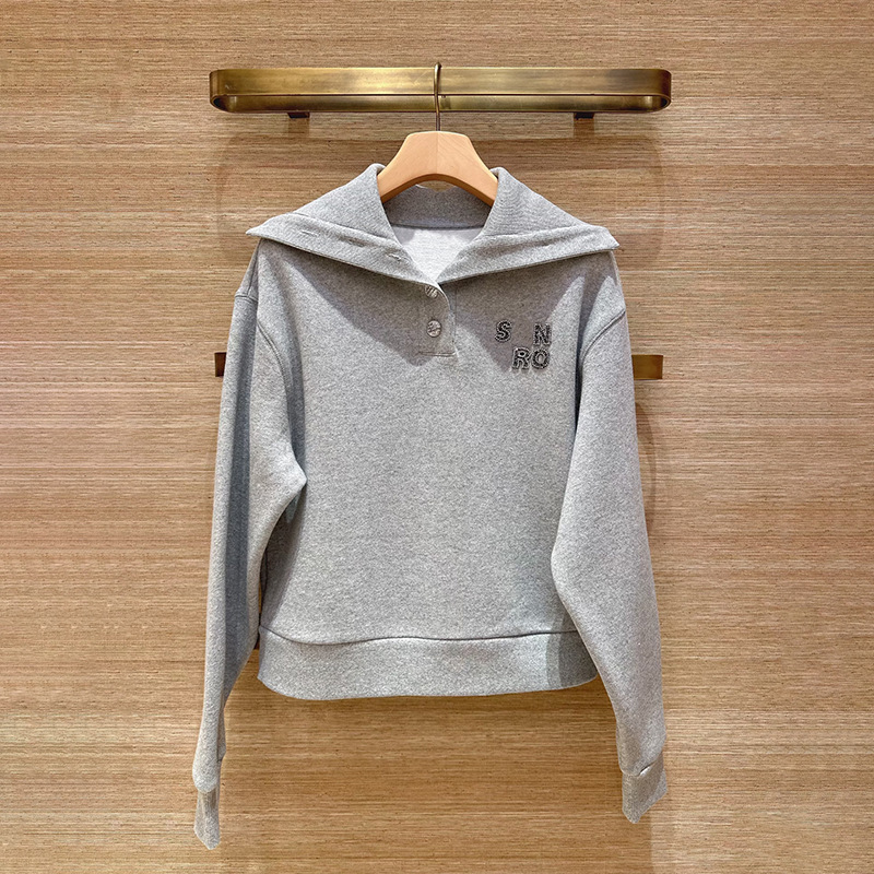 French-Style Niche 2026 Early Spring Sporty Simple Large Lapel Solid Color Patch Embroidery English Waist-Cinching Sweatshirt Ys445