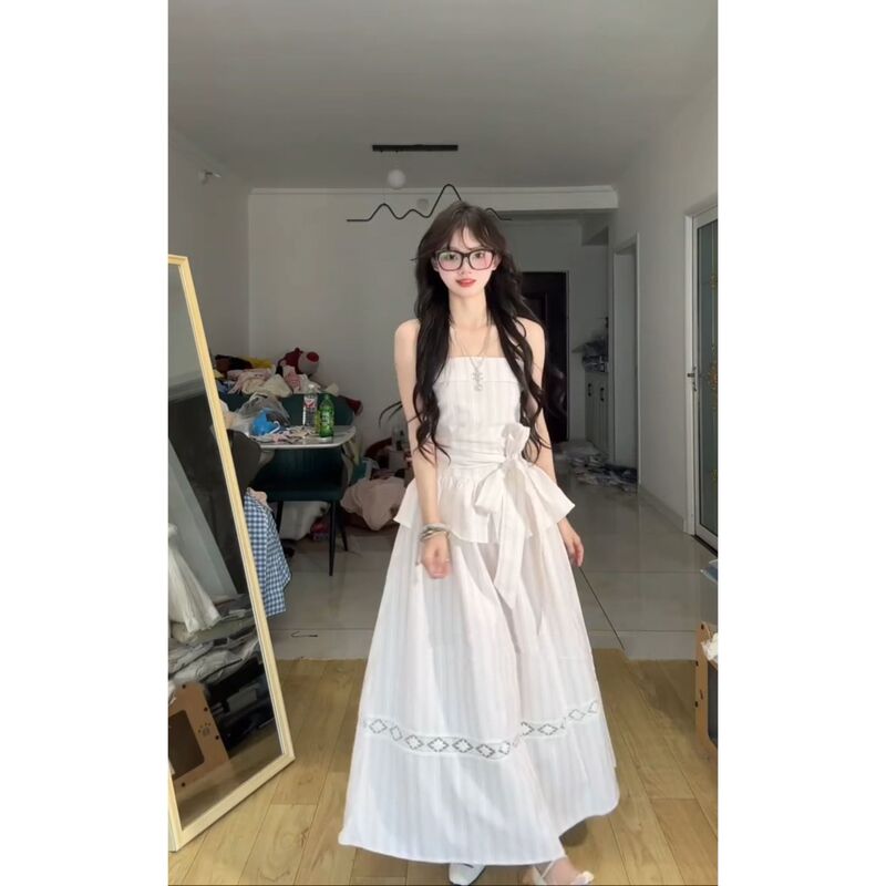 ピンクのストラップ付きストライプサスペンダーチューブトップドレス女性の夏の新しい気質ハイエンドロングスカート|undefined