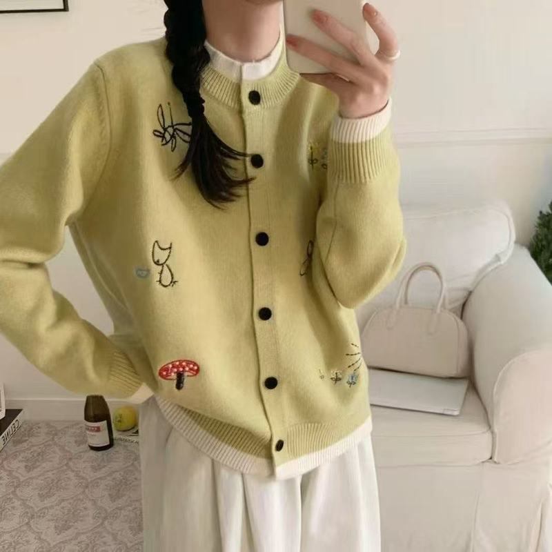 日系小狗刺绣毛衣外套女秋冬季软糯慵懒风甜美小个子针织开衫上衣|undefined