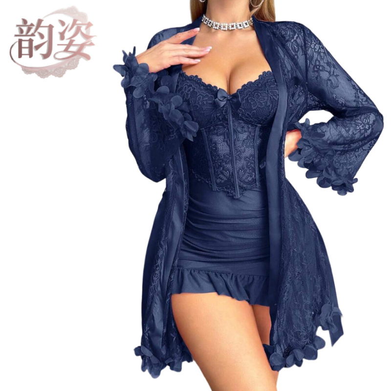 Cross-Border 2026 New Style Sexy Mesh Nightgown, Sexy Suspender Lace Lingerie, Nightdress, Nightgown Set for Women, Summer Wholesale