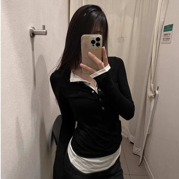 Autumn 2024 New Spice Girls Sexy Slim-Fit Slim Fashionable Long-Sleeved T-Shirt Contrast Color V-Neck Pure Desire Two-Piece Top