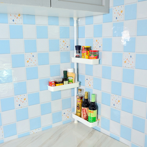 A ceiling-to-floor corner shelf for the kitchen that can be extended without drilling, a corner spice rack, and the manufacturer's code.