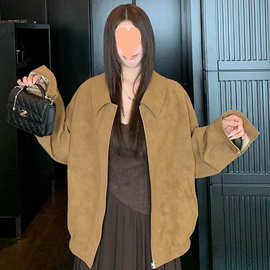 原版做法复古麂皮夹克女秋美式宽松翻领休闲百搭外套上衣高级外衣