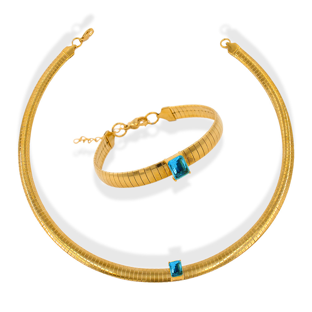 Retro Square Stainless Steel Inlay Zircon Bracelets Necklace 1 Piece