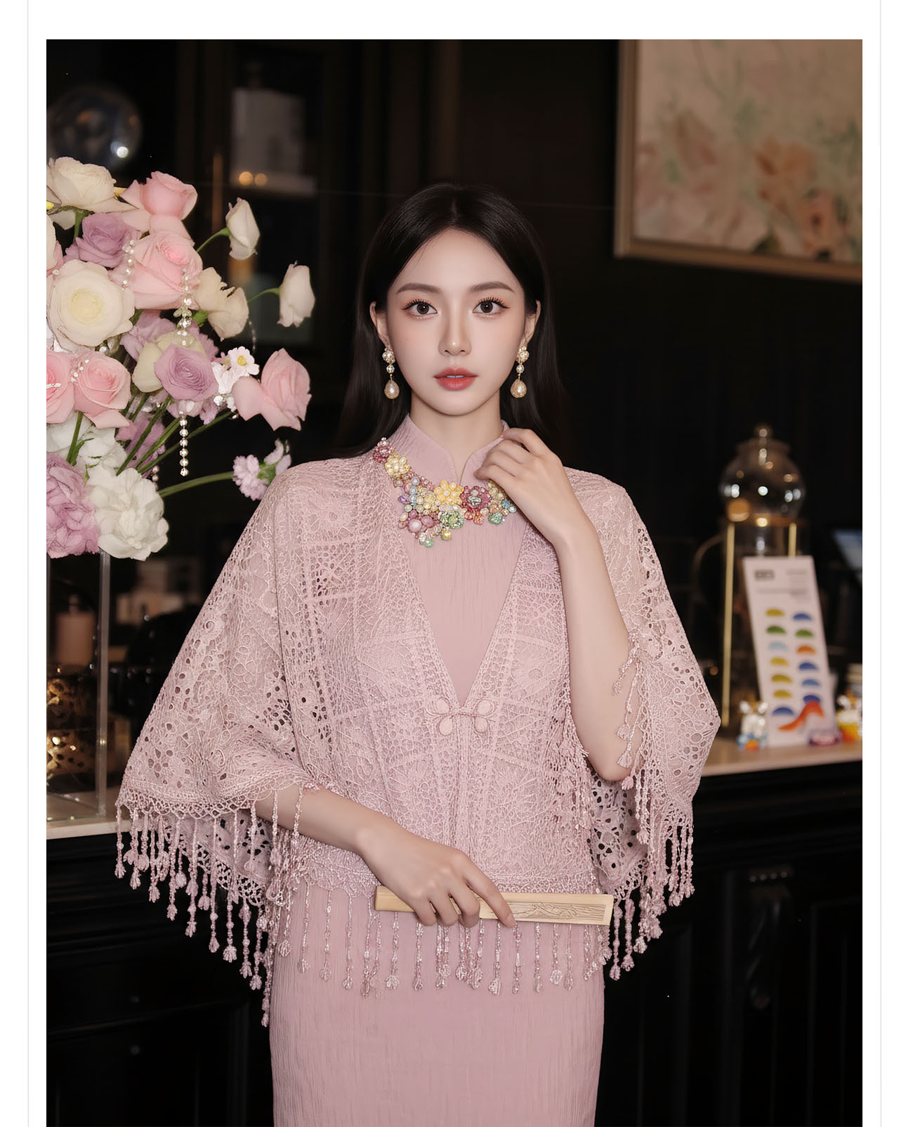 Bộ váy đầm maxi thắt eo kiểu Trung Hoa cải tiến kèm áo khoác choàng tua rua — Trang chủ, bộ đồ, váy liền, váy xanh chi tiết 15