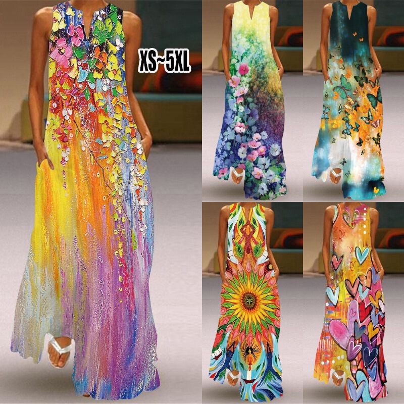 2023 New Women's Sleeveless Long Dress V-Neck Lavender Vintage Printed Dress