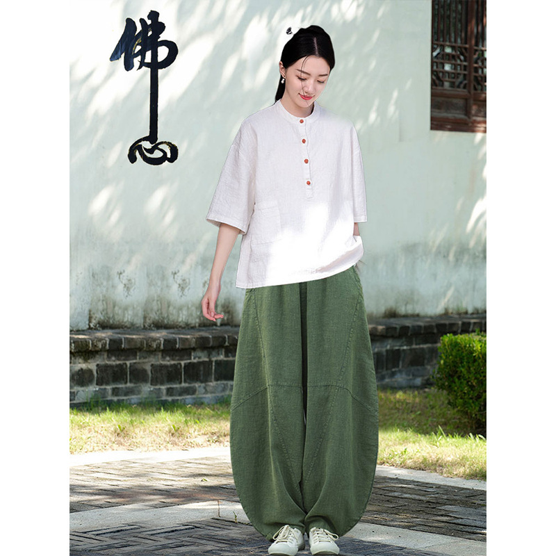 女性用在家服、中国風婦人服、綿麻ボタン付きトップス、禅服、中国風仏教禅無地スーツ|undefined