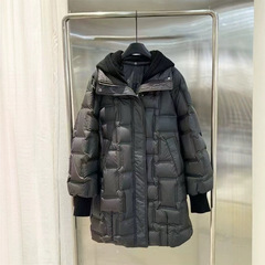 跨境冬季时尚厚款压胶可脱卸针织帽中长款羽绒服女外贸保暖外套潮