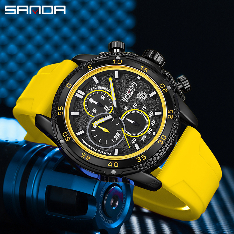 SANDA Fashion Cool Men's Watch Multi-functional Luminous Waterproof Men's Wristwatch Three-eye Six-pin Quartz Watch with Calendar