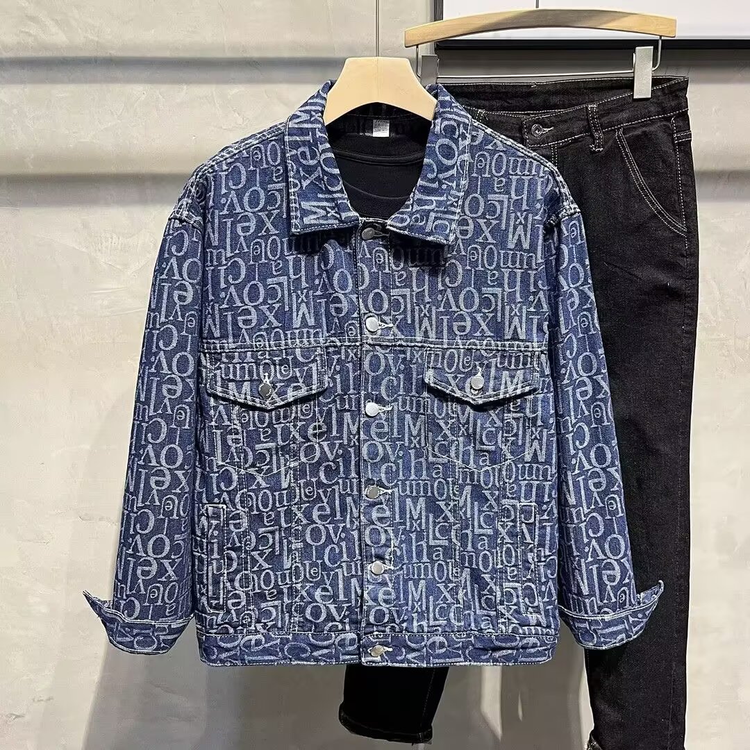 All-Over Printed Denim Jacket Men's Spring and Autum Oversize Trendy Brand Retro Design Loose Washed Lapel Jacket