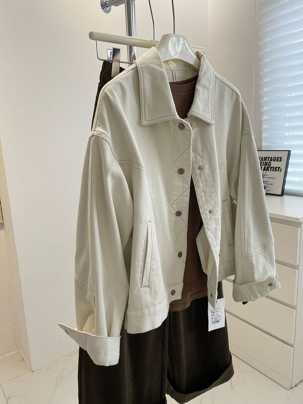 Korean-Style Beige Denim Jacket! Spring and Autumn Topstitch Design Versatile Slimming Loose Casual Short Jacket for Women