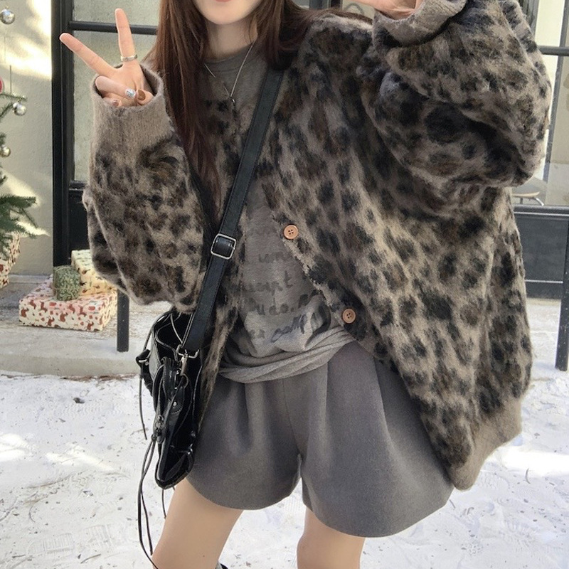 美式复古风宽松豹纹提花毛衣外套女士2025秋冬慵懒风针织开衫上衣|undefined