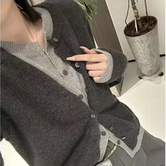 2025秋冬新款女装假两件秋冬针织外套气质毛衣女百搭秋装上衣开衫