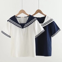 2023年夏季新款 日系甜美学院风条纹拼色海军领短袖衬衫上衣女