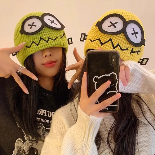 Cute Knitted Wool Cartoon Cold-Resistant Warm Autumn and Winter Small New Design Funny Face Wool Hat for Women
