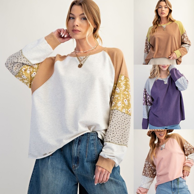 Amazon 25秋の新作クロスボーダーヨーロッパとアメリカの服花柄ステッチコントラストカラートップTシャツルーズカジュアルスウェットシャツ|undefined