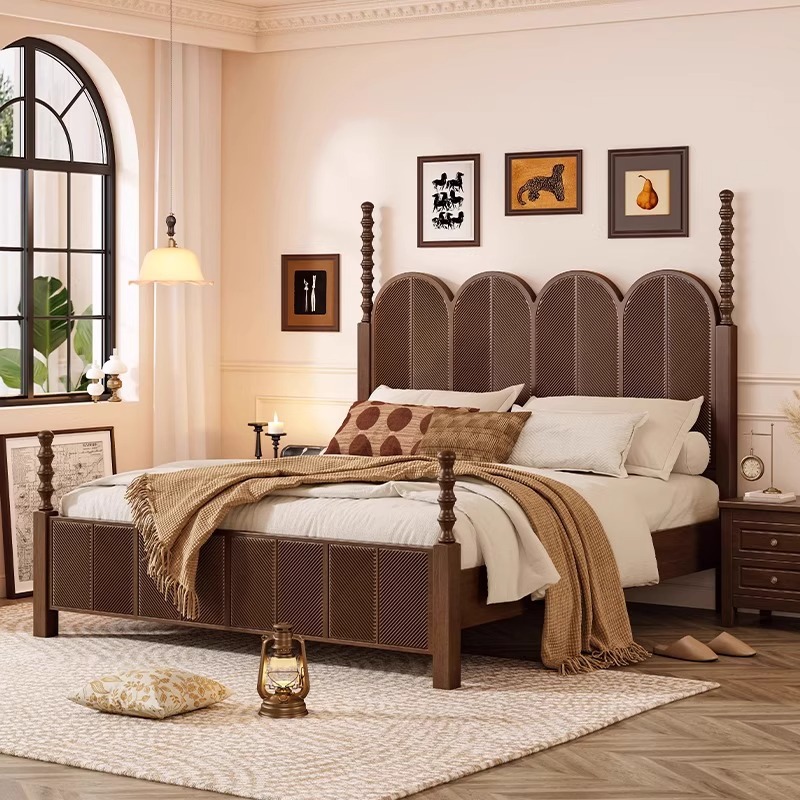 Cama de madera maciza francesa retro americana dormitorio principal color nuez cama doble simple muebles de dormitorio modernos cama de boda medieval