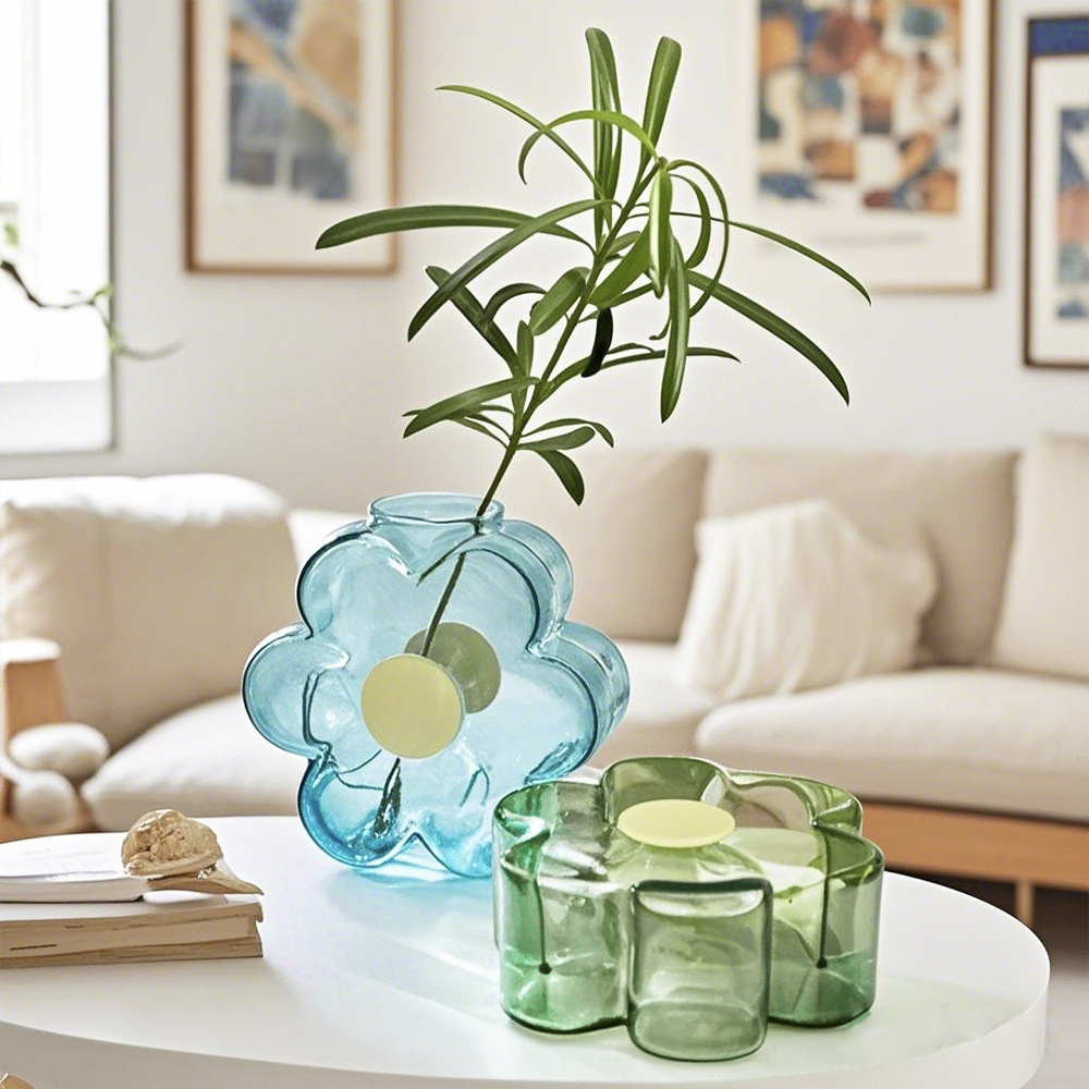 Flores de color minimalistas creativas, vasijas de vidrio hidropónicas, arreglos de flores de color transparentes, adornos de mesa de comedor