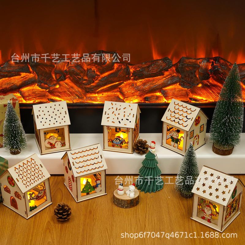 圣诞节发光木屋房子儿童礼物木质装饰配件圣诞树星星挂饰摆件|undefined