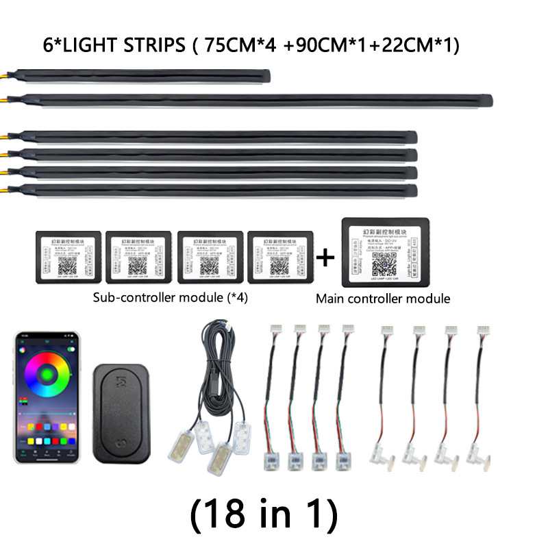 Automóvil todo el vehículo escondido luz de atmósfera universal sin cable roto APP de doble control de luz de atmósfera interior colorida luz decorativa LED