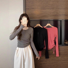 【工厂现货】美式复古法式甜辣风设计短款长袖t恤女春秋修身上衣