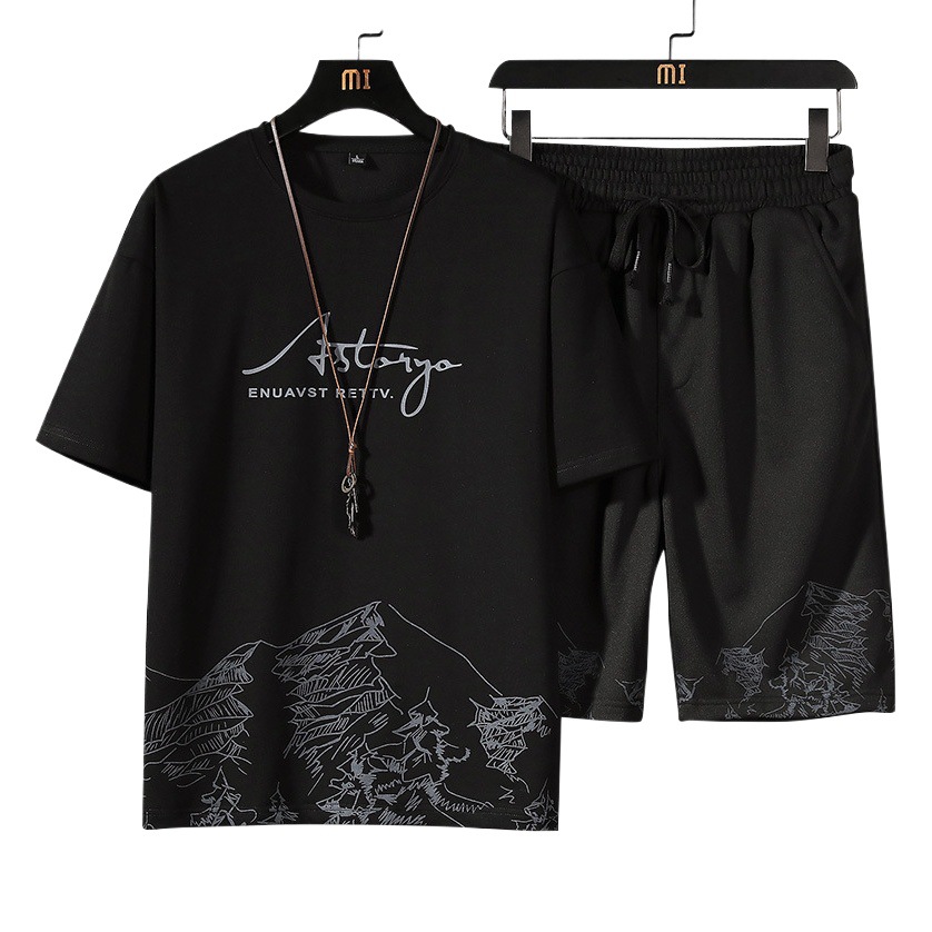 Camiseta de manga corta traje de verano de los hombres nueva nieve montaña impresión moda de moda estilo coreano slim fit Plus tamaño deportes conjunto de dos piezas