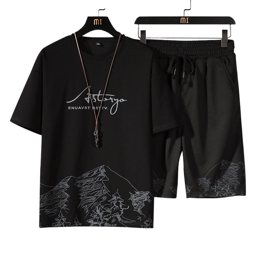 Мужской костюм-футболка с короткими рукавами, летний новый модный костюм с принтом «Снежная гора», тонкий спортивный комплект из двух предметов в корейском стиле большого размера