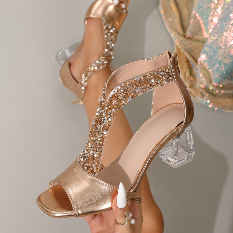 Ladies Heels Summer New Style Chunky Heel Peep-Toe Shoes Sexy Rhinestone Sandals High Heel Sandals Mesh Boots Mom Shoes