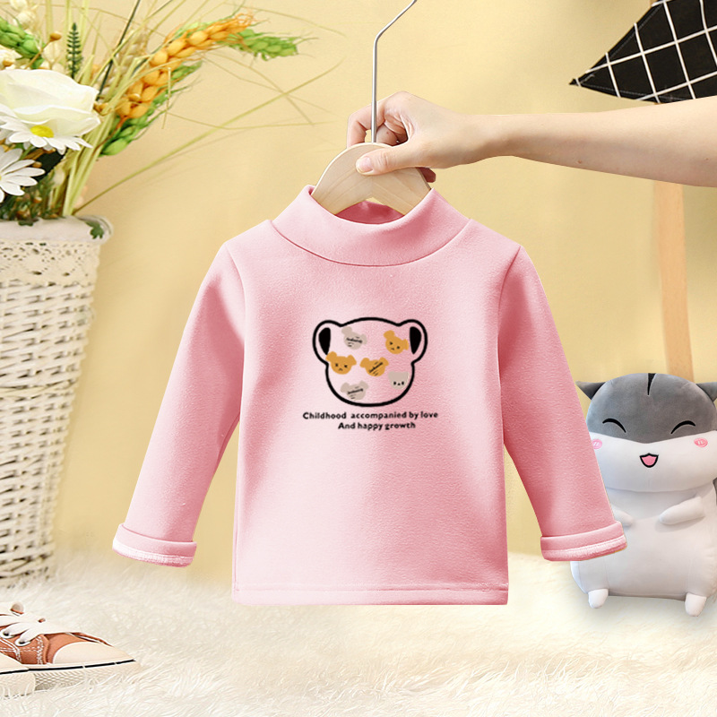 2023 otoño e invierno nuevos niños de terciopelo camisa de fondo estilo occidental medio cuello alto manga larga bebé niña dibujos animados camiseta interior moda
