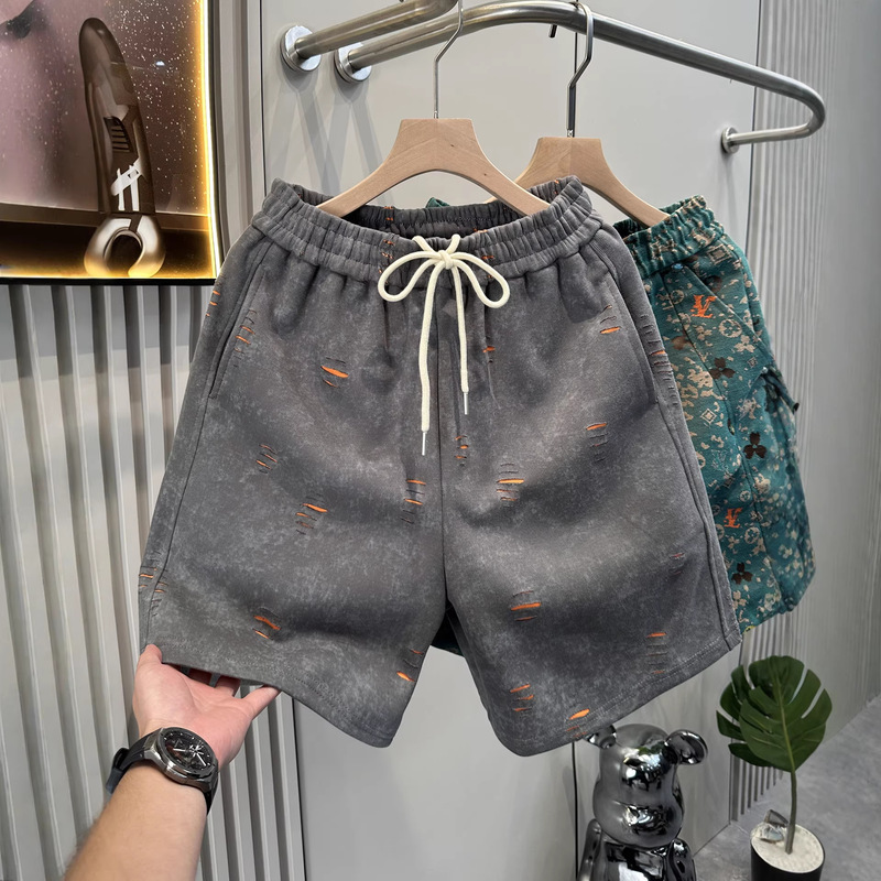 American-Style Trendy Tie-Dye Shorts for Men, Summer Gray Beach Shorts, Ripped Straight Loose Casual Sweatpants