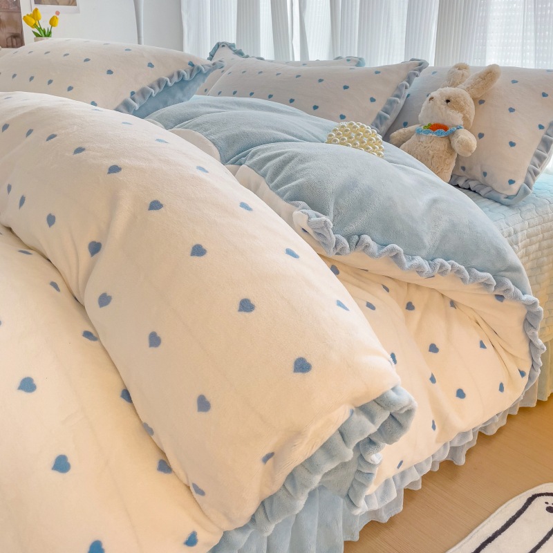 新款10斤重床盖款花边牛奶绒四件套雕花绒法莱绒四件套兔兔绒四件