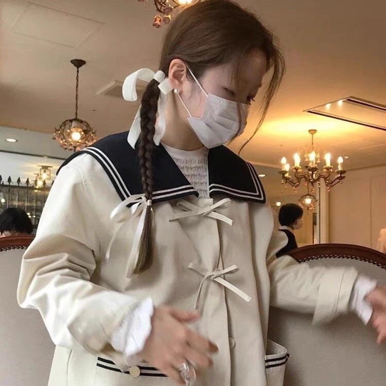 Korean Niche Brand Mabling Color-Blocked Navy Collar Bow-Tie Buttoned Loose Short Trench Coat