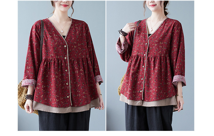 350g Weight Long Sleeve Sleeve Length Single Breasted Placket Type Regular Sleeve Sleeve Type Printing, Cotton and Linen, Hemp Fabric Type Ordinary Model (50cm <Length ≤ 65cm) Top Length Fake two-piece set, Shirt Tops Type V Neck Neckline Loose Fit Type Floral Pattern Temperament Commuter, Commute style Style Printing Craft Autumn 2025 Women's Floral V-neck Open Cardigan Fake Two-Piece Loose Cotton Linen Plus Size Shirt Elegant Commute Style 11
