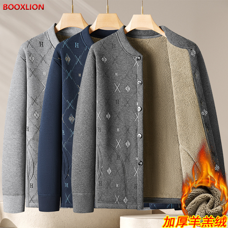 Dad's Winter Coat Lambskin Coat Old Men's Thickened Thermal Underwear Knitwear Grandpa's Cardigan Buckle Clothes