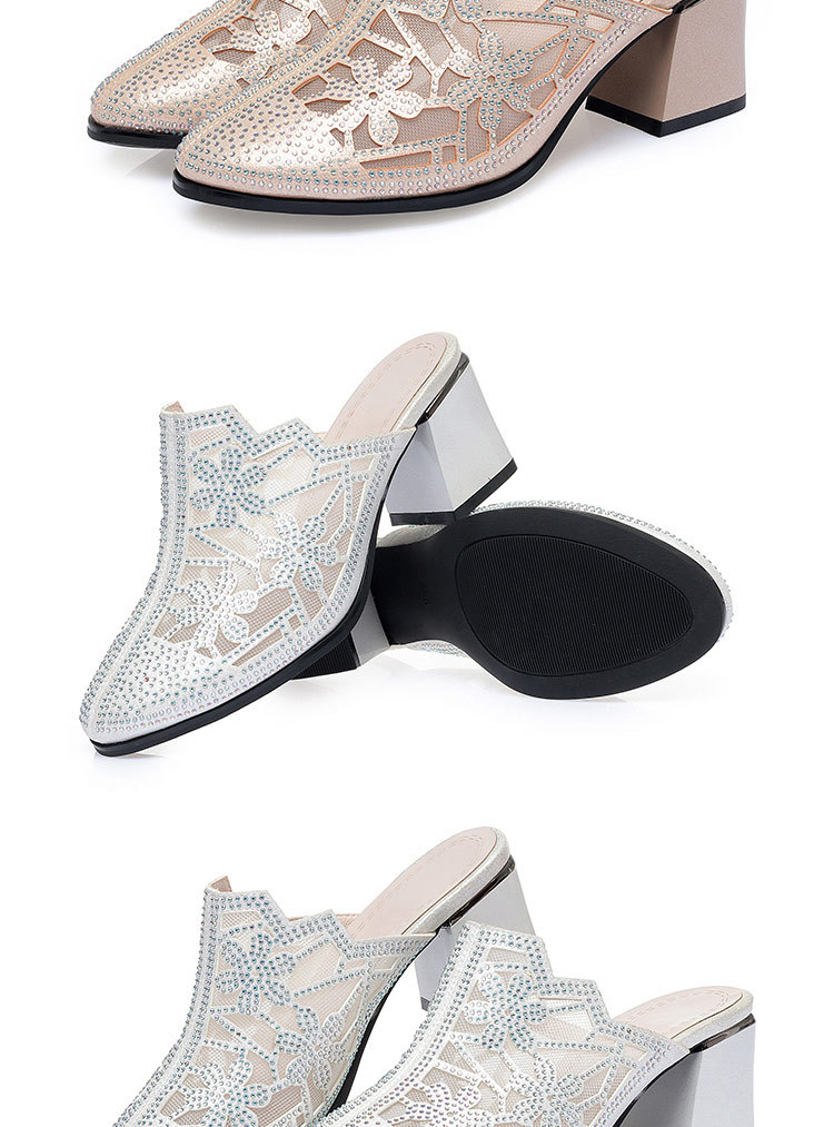 Giày cao gót da thật nữ mũi tròn bít, đế thấp thoải mái, có lỗ lưới đính đá Rhinestone — Màu be chi tiết 16