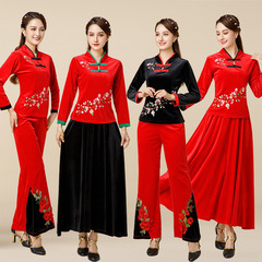 Autumn and Winter Square Dance Costume with Embroidered Gold Velvet, Chinese Folk Style, Group Performance Set for Middle-Aged Adults