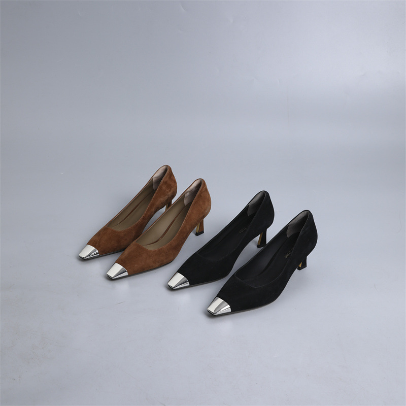 2026 Anti-Kick Gold Square-Toe Shallow Mouth Single Shoes for Women, Sheepskin Suede French-Style Thin High Heels, Comfortable for Work and Commuting