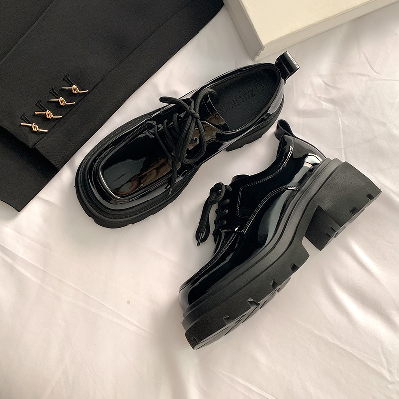 Thick-Soled Loafers for Women, British Style Small Leather Shoes, 2026 Spring New Versatile Genuine Leather Lace-Up Black Jk Shoes