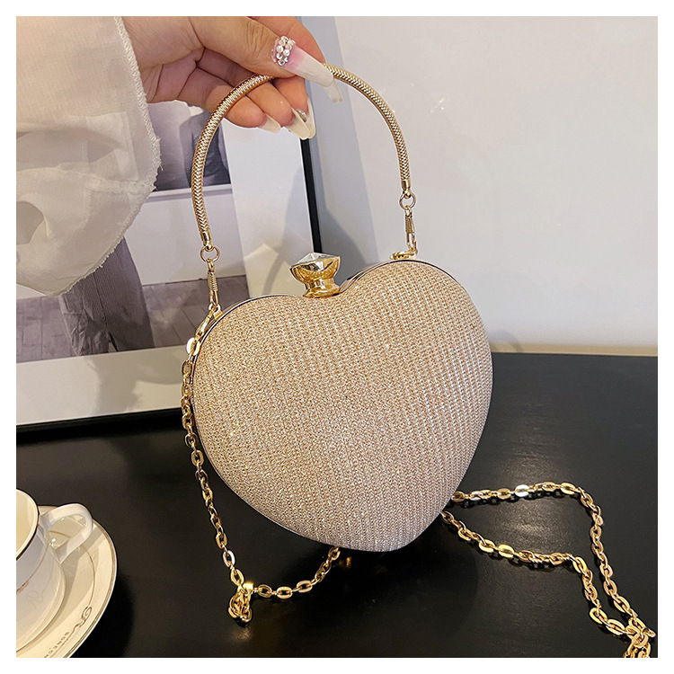 Borsa a tracolla diagonale in metallo con intarsi di diamanti a forma di cuore di pesca, da sera, da donna, nuova_voghion.com