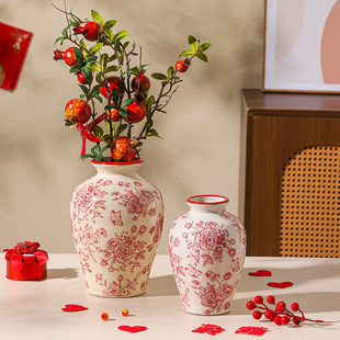Ceramic Vase Middle and Ancient High-grade Light Luxury Vintage Ornaments Red Wedding Flower Arranging Decorations Living Room Wine Cabinet Flower Set