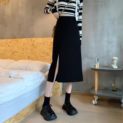 Plus-size suit pants 2024 autumn new high-waisted slimming A-line skirt with slits black bustier dress