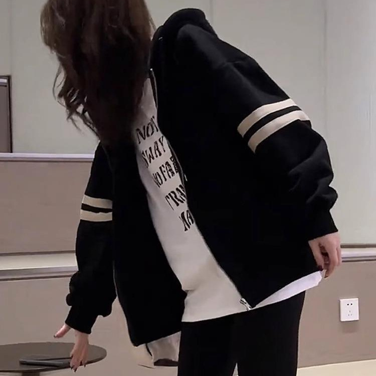黑色美式慵懒拉链开衫连帽卫衣女春秋2024新款爆款宽松棒球服外套