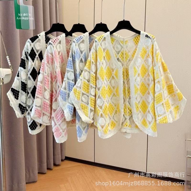 Seaside Beach Vacation Style Knitted Cardigan Women's Summer Bat Sleeve Loose Slimming Look Cut Out Crochet Design Sun Protection Top