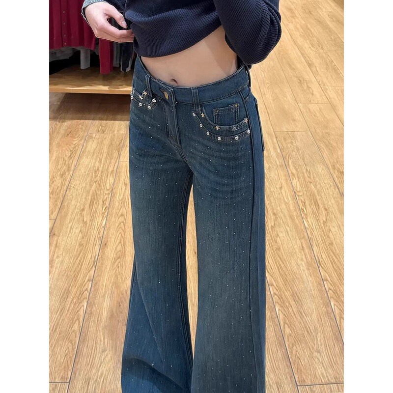 Wide-Leg, Drapey, Rhinestone-Embellished, Petite-Friendly Flared Pants, New Style Star-Patterned, Slightly Flared Women's Jeans with a Sparkling High Waist