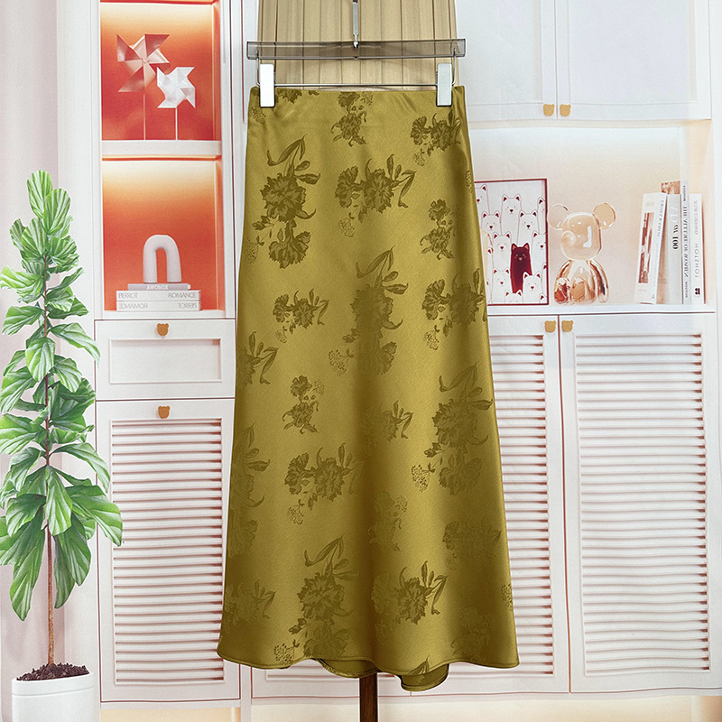 Acetic Acid Satin Jacquard Split Skirt Women's Elegant Elegant High Waist Slimming Midi A- line Fishtail Skirt