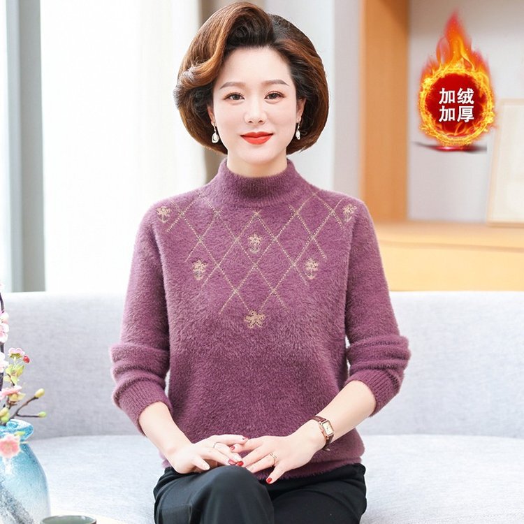 Mother Sweater Women's Thickened Middle-aged Women's Western Style Mink Velvet Top Clothes for Middle-aged and Elderly People Autumn and Winter Clothes fleece-lined Base Shirt Mother Sweater Women's Thickened Middle-aged Women's Western Style Mink Velvet Top Clothes for Middle-aged and Elderly People Autumn and Winter Clothes fleece-lined Base Shirt