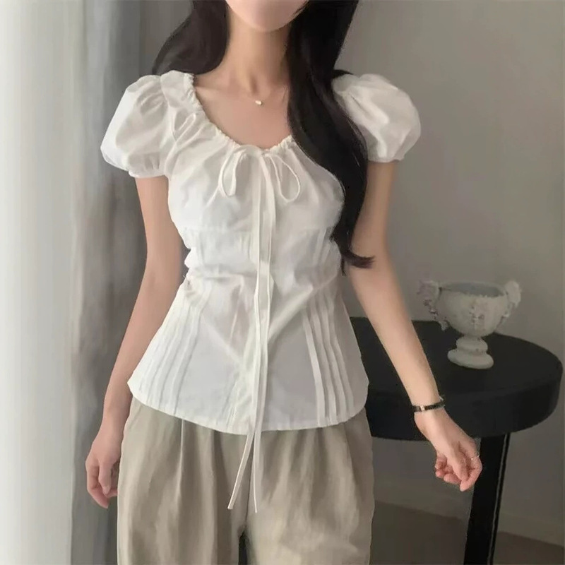 In Stock Chic Korean Style Fashionable Lace-Up Versatile Shirt with Round Neck and Drawstring Waist for Women