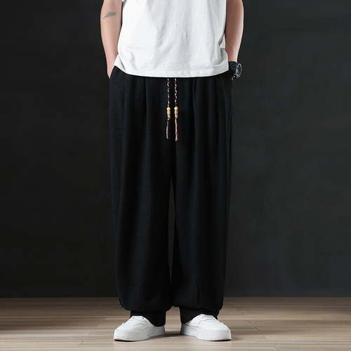 Linen pants for men, summer loose and flowing wide-leg casual long pants, new Chinese style, national style, plus-size linen lantern